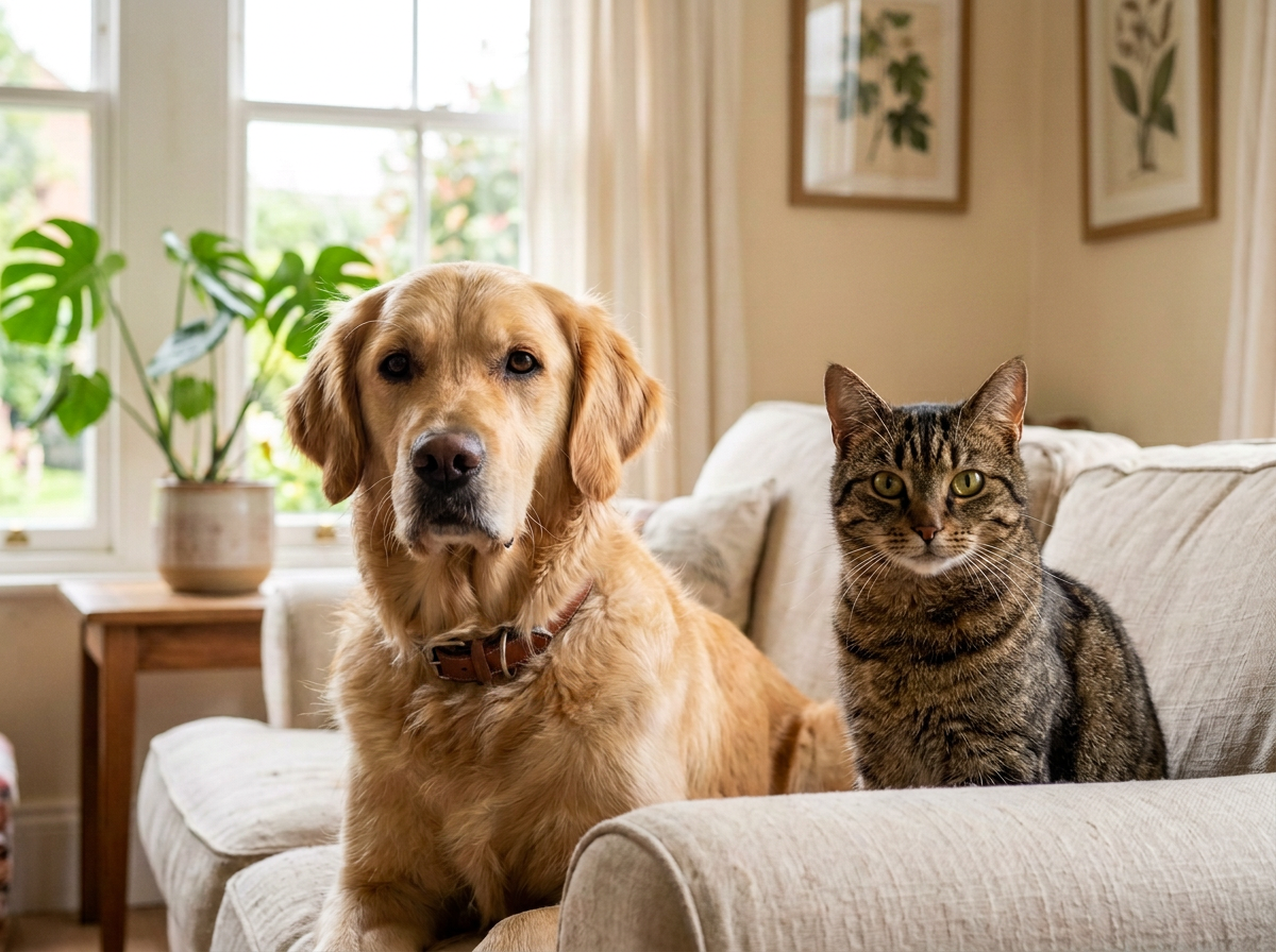 A golden retriever and a tabby cat resting together on a cream sofa